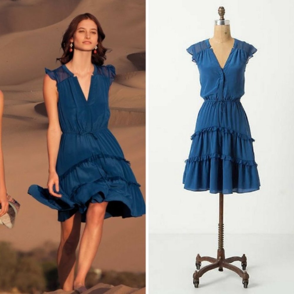 Anthropologie Lil Arched Careena Blue Silk Dress